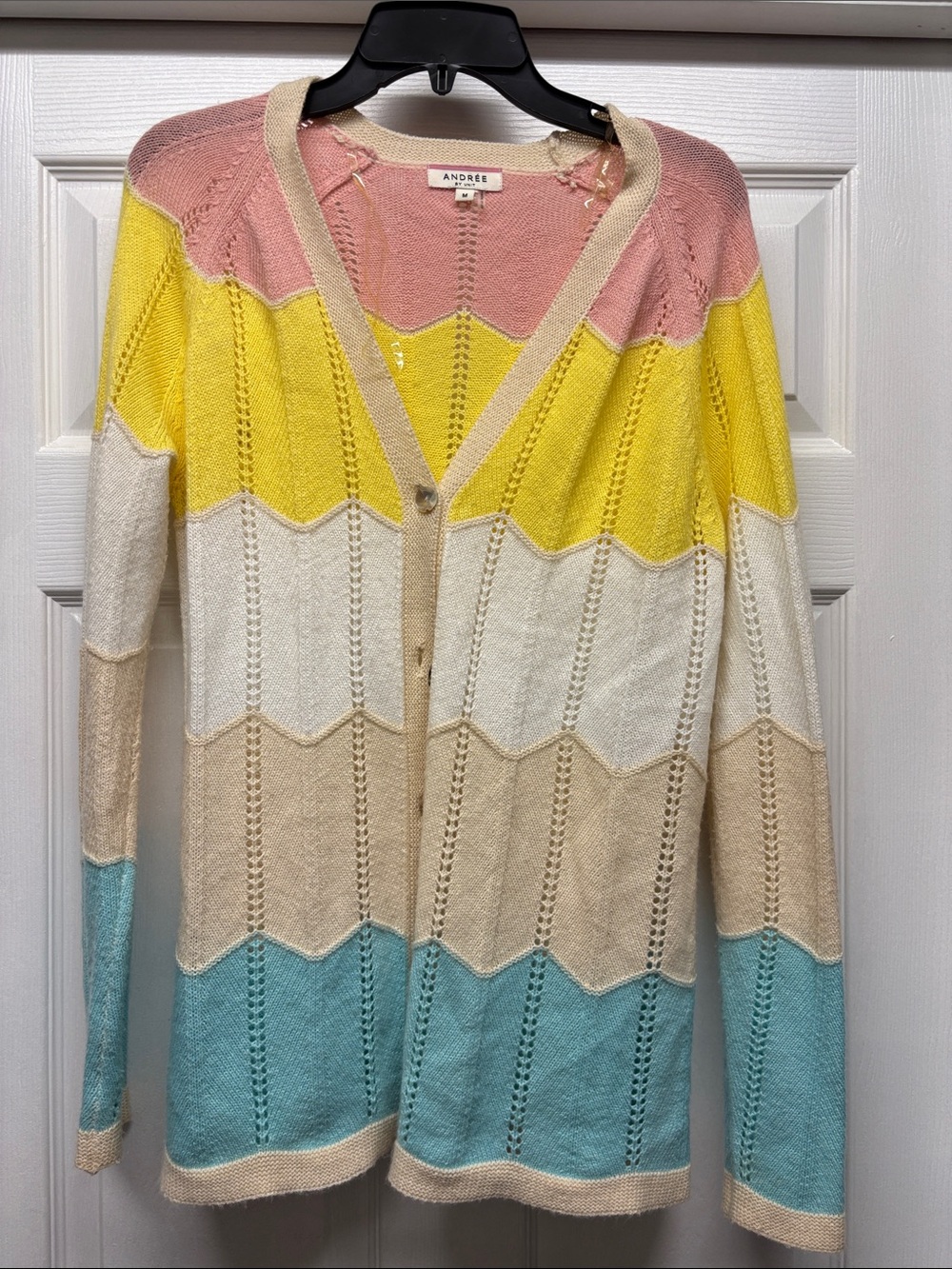 Andree Chevron Colorblock Openwork Cardigan in Pink, Yellow, White, Tan, Aqua M